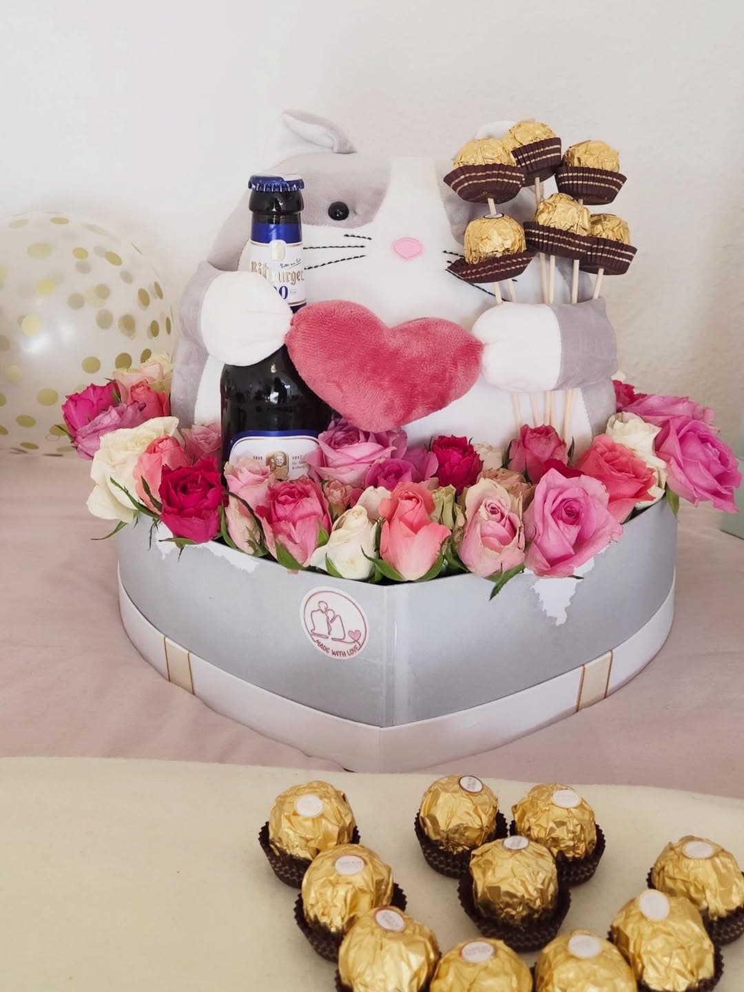 Handmade heart-shaped gift box with roses and Ferrero Rocher